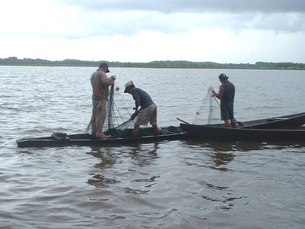 Pescadores con redes en el río Amazonas, Loreto